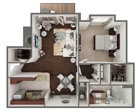 A 3D floor plan of a1 Bed 1 Bath Floor Plan at Wynfield Trace, Georgia, 30092